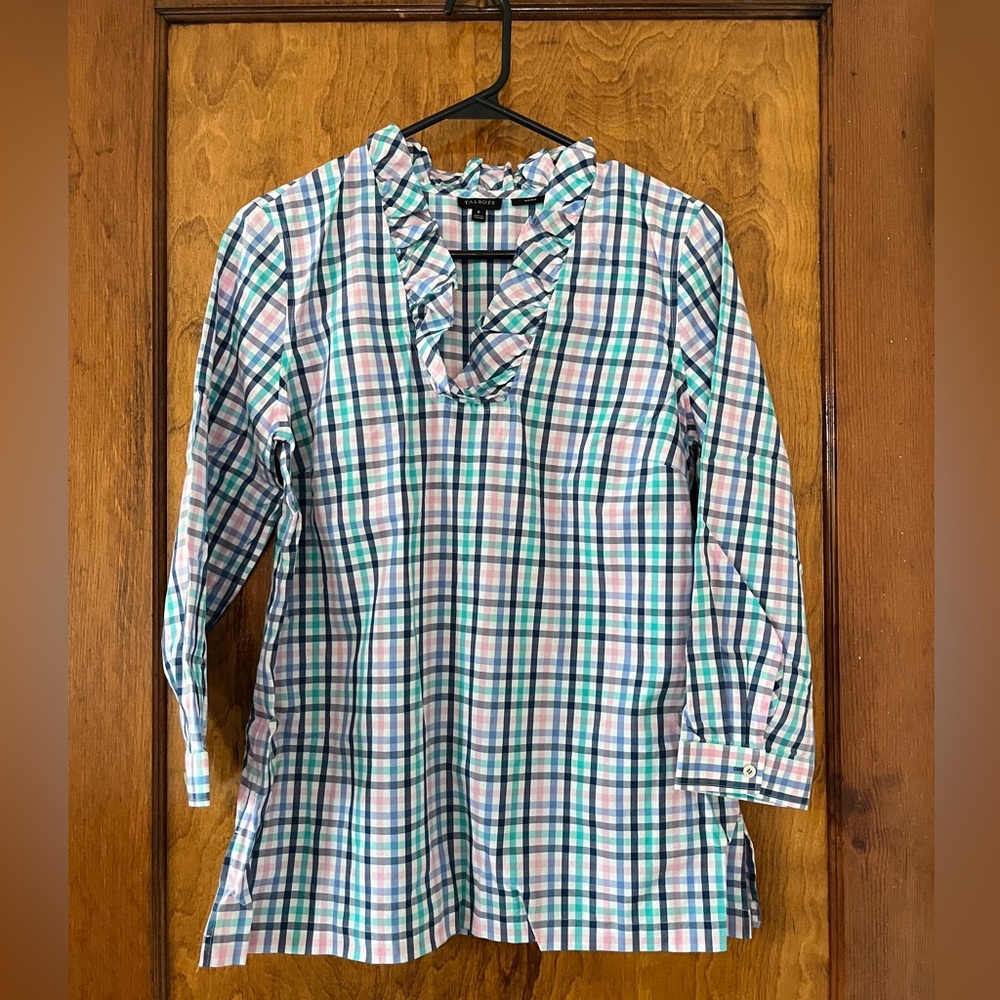 Talbots Multicolor Plaid Ruffle V-Neck Blouse